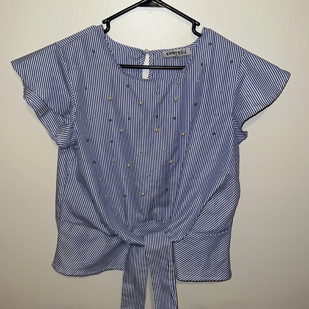 Blue and white striped tie shirt with beads attached